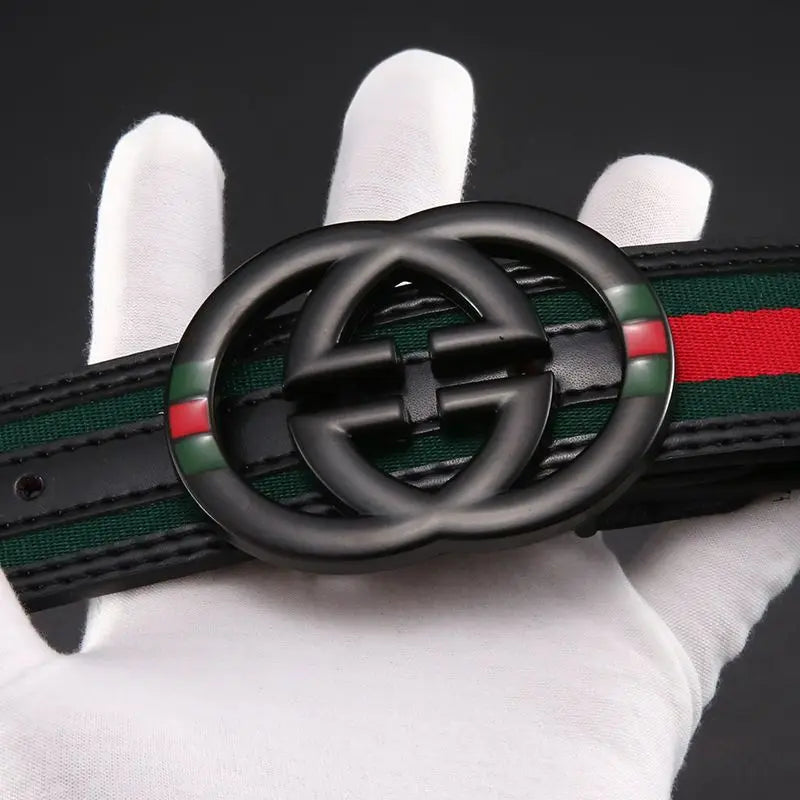 2026 New Unisex Red Green Stripe Belt 3.8cm - Durable Canvas Designer Waistband with Metal Logo, Trendy & Wear- Resistan