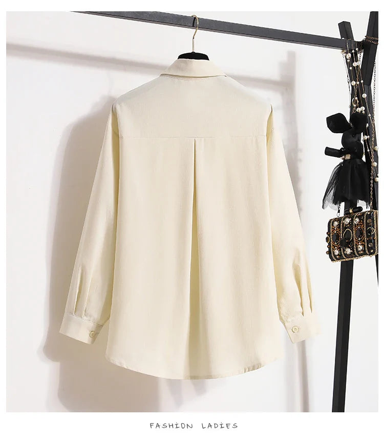 2026 Women's Plus Size Blouse Korean Style Spring Autumn Loose Elegant Casual Mid-length Tops Long Sleeved Waist Cinching Shirts
