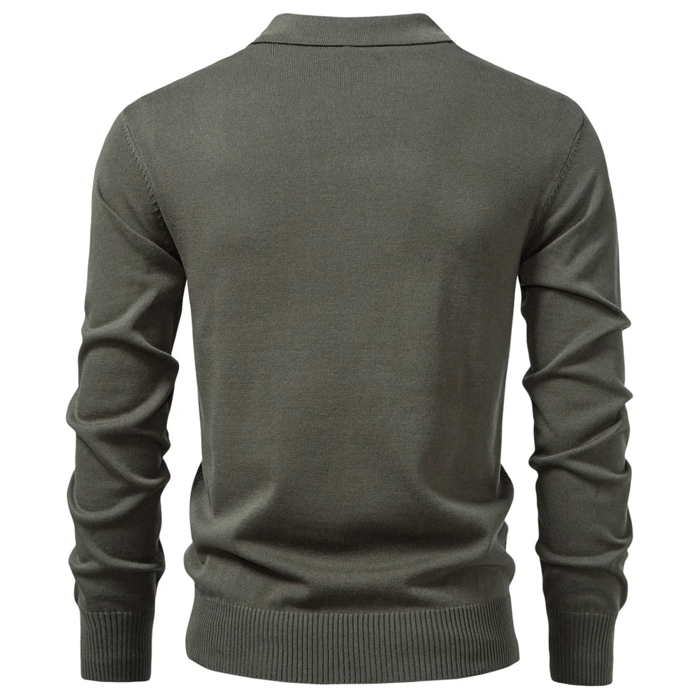 Zip Placket Polo Shirt Men Premium Solid Color Slim Fit Long Sleeve Textured Fabric Business Casual Autumn Winter