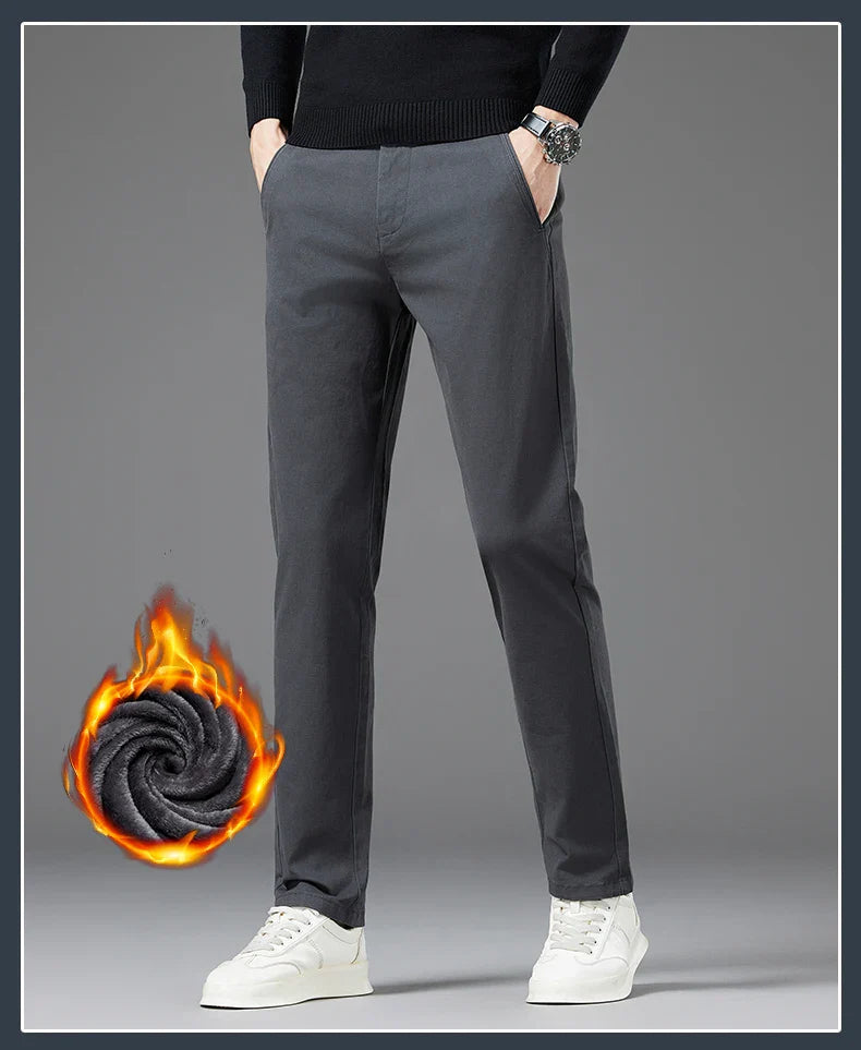 Winter Thickened Men's Velvet Casual Pants Fleece Warm Fashion Solid Color Straight Elastic Male Business Plush Pants