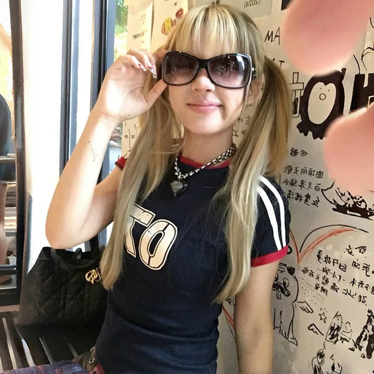 Japanese Y2k T Shirt Vintage Harajuku Short Sleeve Patchwork Tops American Retro Jersey T-shirt 2000s Grunge Aesthetics