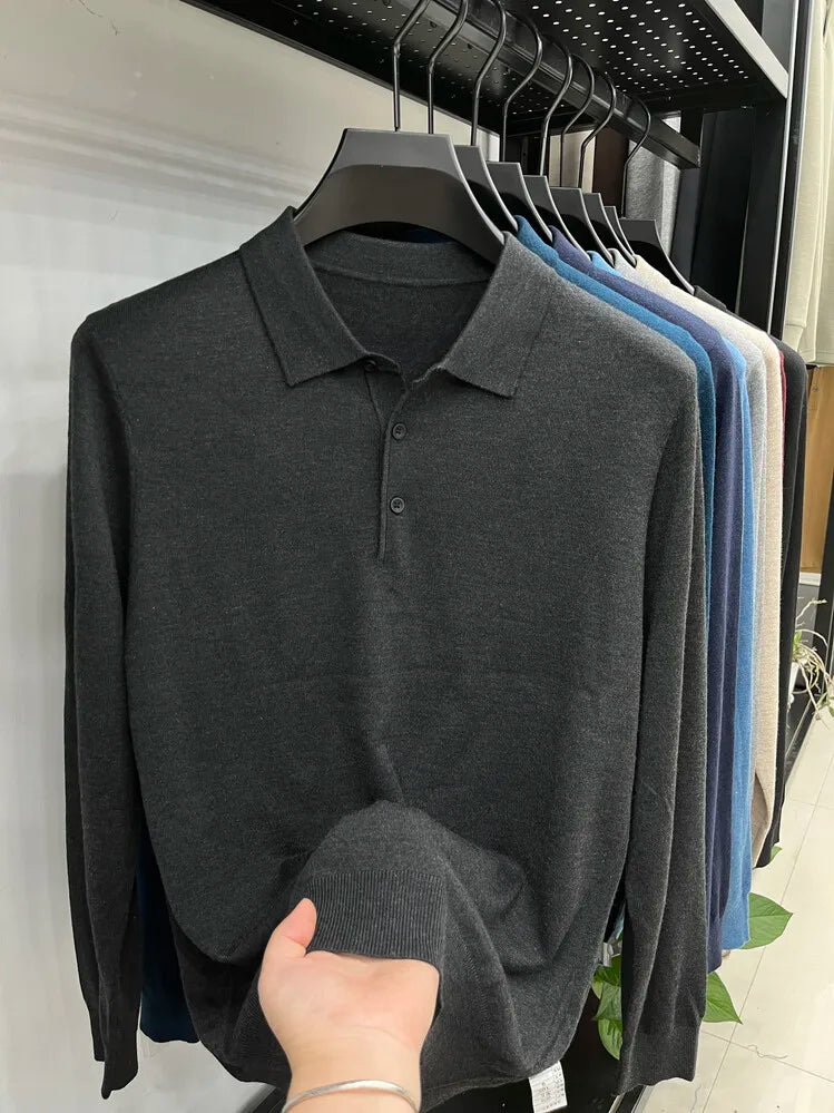 Men's Long Sleeve Fashion Casual Polo, Shirt Collar Pullover Sweater. Business Sweater T-shirt Golf Spring & Autumn Wool