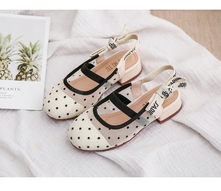 Mesh Black White Polka Dot Shoes Sandals for Girls with Heels Mules Sling Back Shoes for Girls Luxury Shoes for Girls To Dress