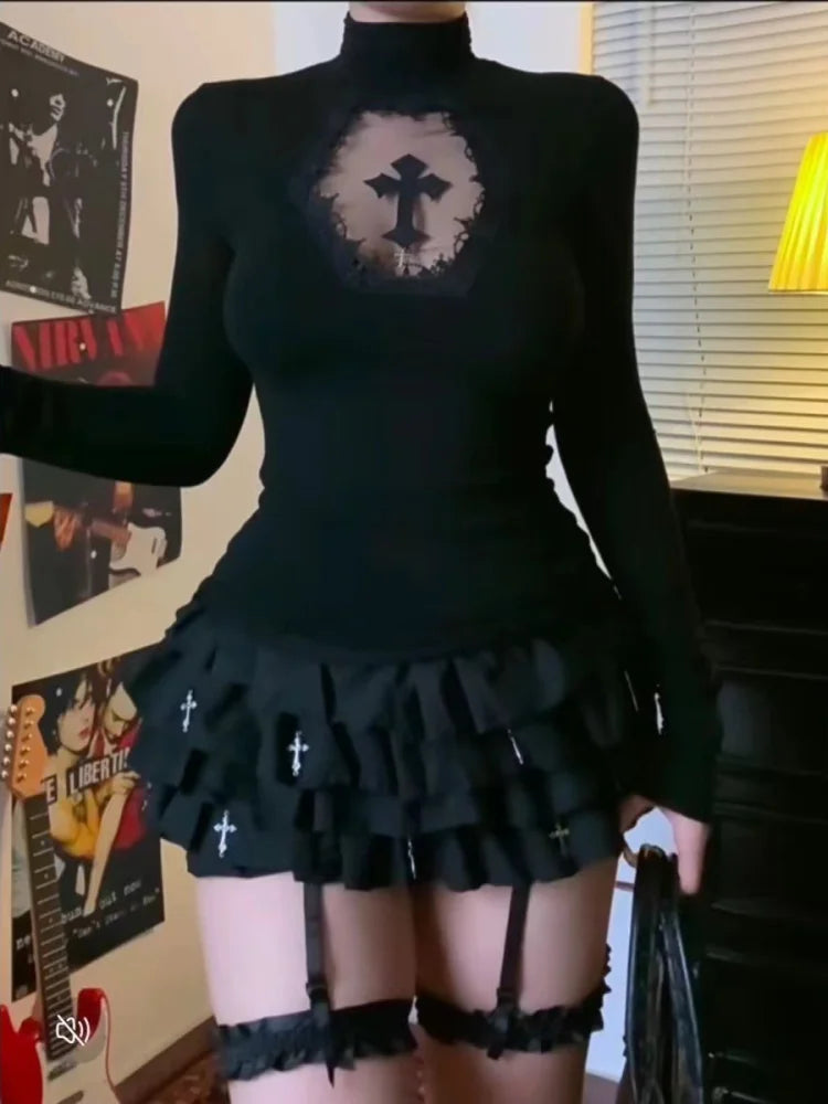 Blusa Gola Alta Y2k Roupa Gótica Preta Cruz Vazada Blusa Fina Camisa Base Feminina Manga Comprida Camiseta Sexy Blusas para Meninas