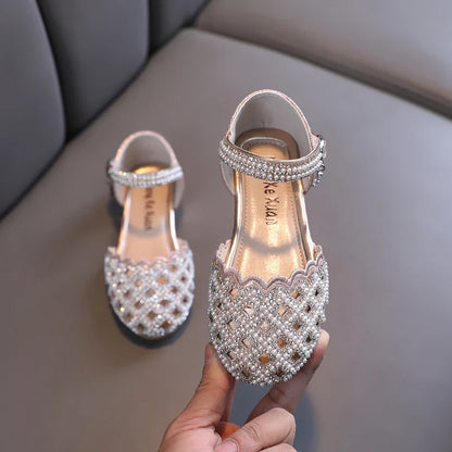 Summer Girl's Sandals Sliver Pink Diamante Luxury Hollow-out Kids Sliders Hook-loop Round Toe Glitter Stylish Children Shoe26-36
