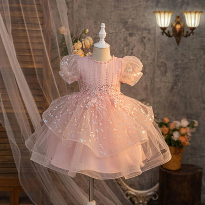 Vestido de Verão Novo com Laço e Bordado de Miçangas para Meninas, Saia Rodada Fofa, Vestido de Aniversário de Tule para Bebê Menina