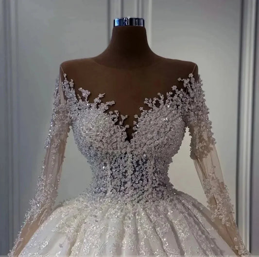 Customized Elegant Silky Lace V-Neck Full Sleeve A Line Wedding Dresses Beading Pearls Brown Skin Bridal Gowns