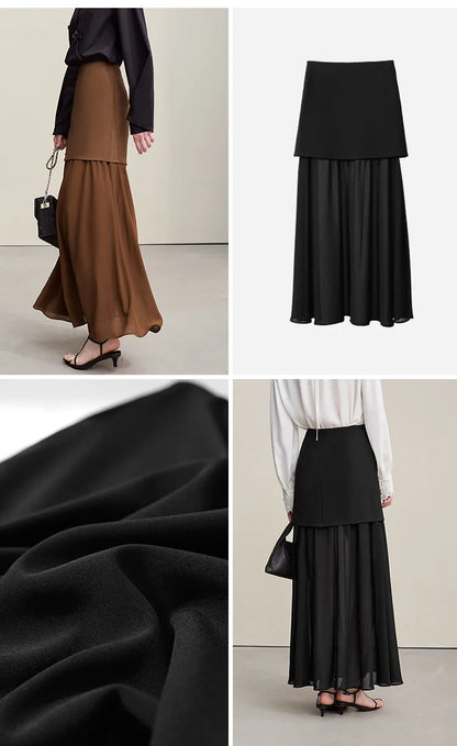 Women's Skirt 2026 Spring New Elegant Patchwork Chiffon Long Skirt Solid Color Straight Versatile Woman Clothes 12641047
