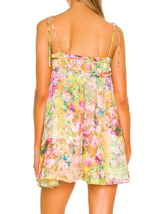 Flower Print Spaghetti Strap Mini Dress Women Backless Skater Lacing up Sling Robe Holiday
