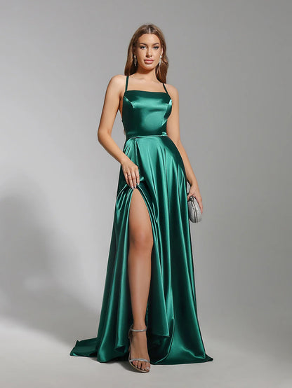 Women Sexy Prom Dresses Lace-Up Spaghetti Straps Backless Sling Evening Dress Satin A-Line High Split Maxi Train Party Gowns