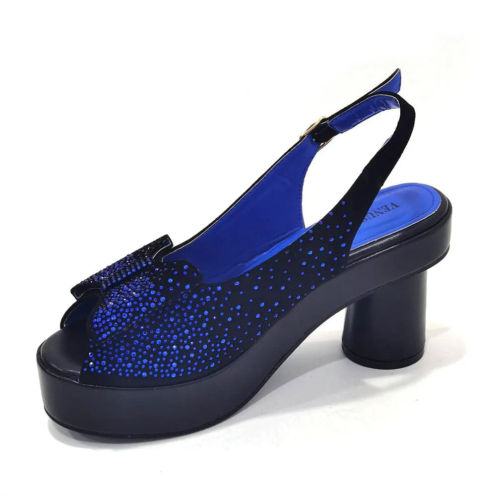 Silver Fashion Square Heels with Platform African Women Shoes and Bag Set Full Crystal Pumps for Wedding Party