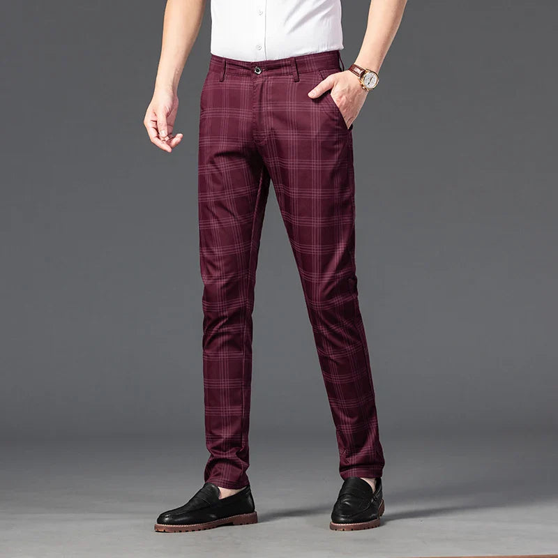 Brand Clothing Mens Casual Pants Fashion Plaid Classic Business Formal Trousers Elastic Straight Social Luxury Suit Pants