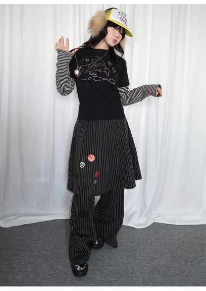 Y2k Vintage T-shirt Women Long Sleeve Patchwork Japanese 2000s Grunge Tops Streetwear American Retro Print Graphic Tops