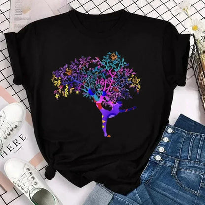Yoga Print Tshirt Women Bird Om Aum Jade Buddha Meditation Tie Die T Shirt Femme T-Shirt Tops