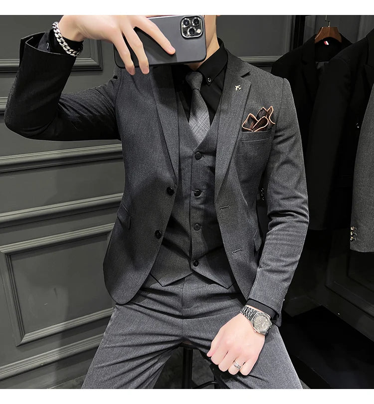 ( Blazer + Vest + Pants ) Boutique Fashion Solid Color Men's Slim Casual Business Suit Three-piece Set Groom Wedding Dress Party