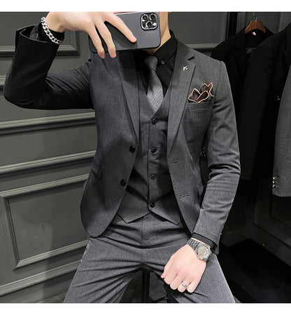 ( Blazer + Vest + Pants ) Boutique Fashion Solid Color Men's Slim Casual Business Suit Three-piece Set Groom Wedding Dress Party