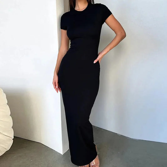Skinny Women's Bodycon Party Dress Fashion O-neck Short Sleeve Solid Color Wraped Hip Package Long Dress Female Sexy Dress