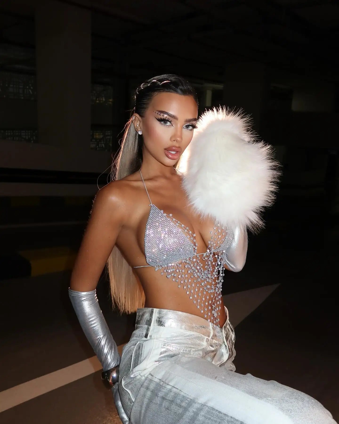 Women Glitter Rhinestone Fishnet Tank Top Sexy Deep V Neck Backless Halter Neck Camisole Rave Festival Party Crop Top New 2025