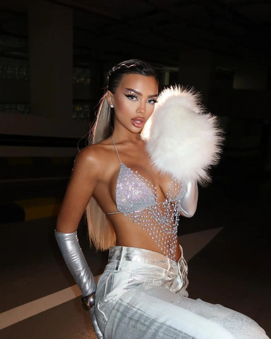 Women Glitter Rhinestone Fishnet Tank Top Sexy Deep V Neck Backless Halter Neck Camisole Rave Festival Party Crop Top New 2025