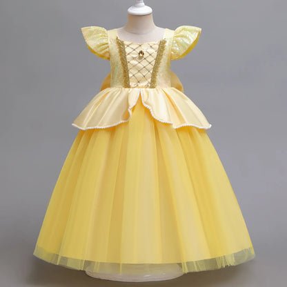 Disney Aniversário Festa Bela Fantasia Infantil Amarelo Malha Vestido de Baile Criança Cosplay Vestido de Festa Luxo para Menina Princesa Bela Noite