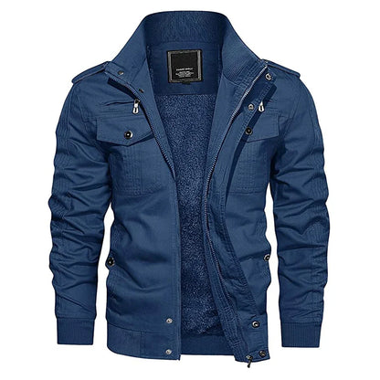 Men's Fleece Jackets Windbreaker Coats Fall Winter Thermal Bomber Jackets Multi-pockets Stand Collar Motorcycle Jacket