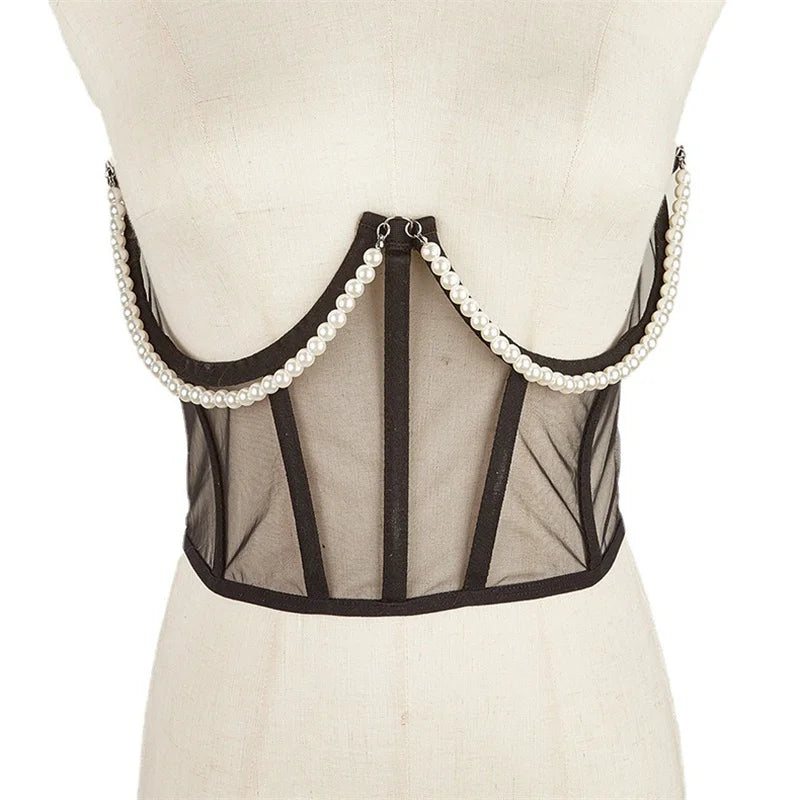 Pearl Chain Bustiers Tied Waspie Wide Belt Cinchers Underwire Lace-up Underbust Corset Bustier Corsets Tops Boned Corset