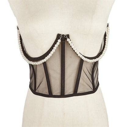 Pearl Chain Bustiers Tied Waspie Wide Belt Cinchers Underwire Lace-up Underbust Corset Bustier Corsets Tops Boned Corset