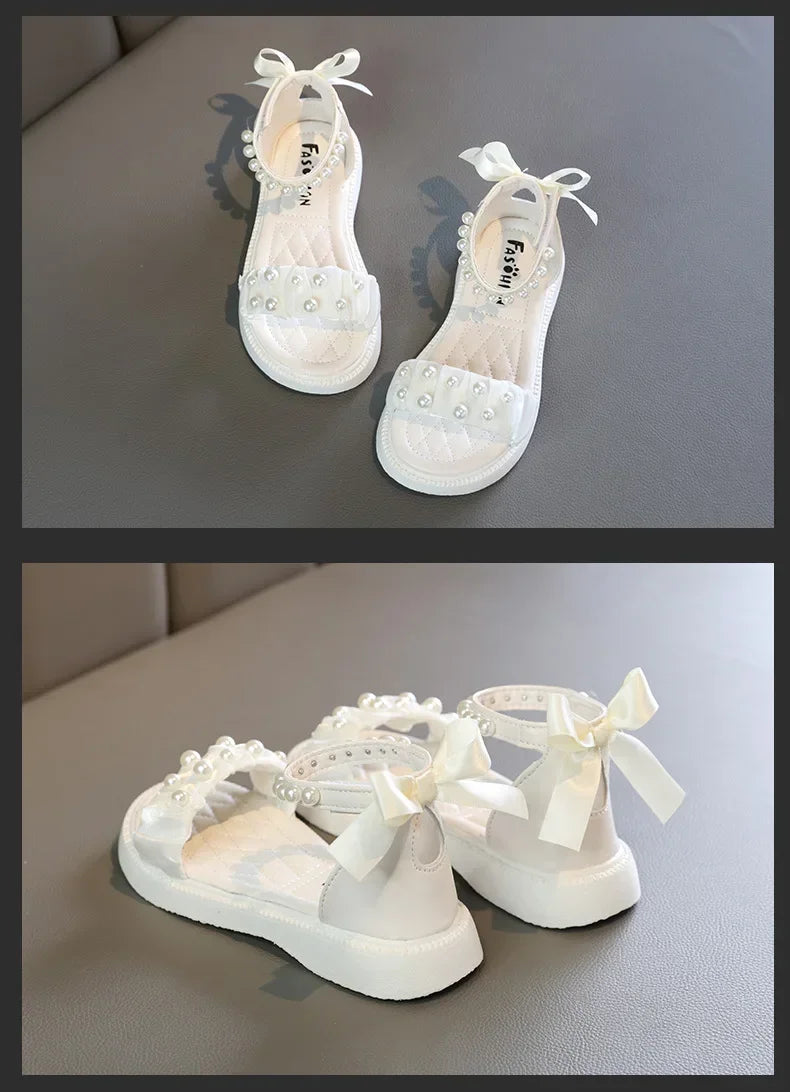 Children's Sandals Summer Bowtie Princess Shoes for Girls Fashion Sweet Kids Causal Pearl Roman Sandals Solid Color Hook Loop