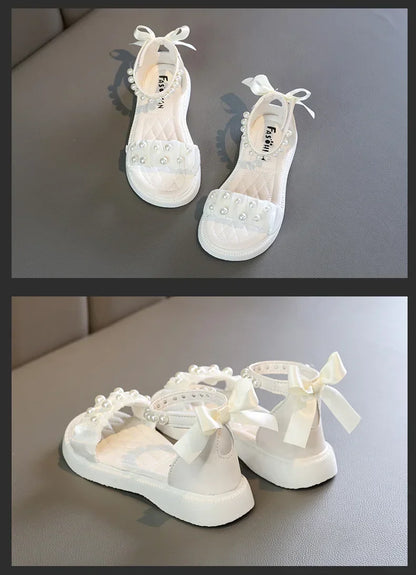 Children's Sandals Summer Bowtie Princess Shoes for Girls Fashion Sweet Kids Causal Pearl Roman Sandals Solid Color Hook Loop
