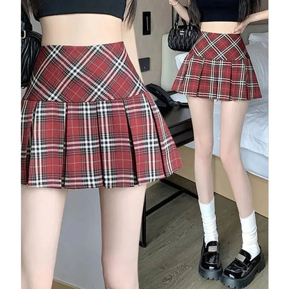 Summer Chic Korean Lady Thin Wrap Hip Skirts Female Retro High Waist A-line Skirts Women Fashion Plaid Designer Skirts