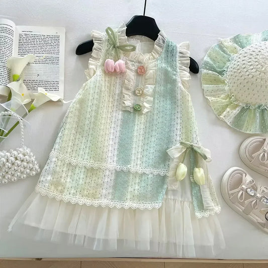 Girls Casual Dresses Sleeveless Lace Sundress Lace Flower Princess Dress Kids Dresses for Girls 2 To 8 Years