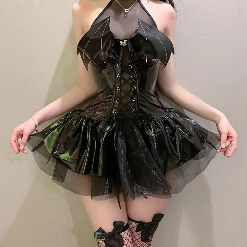 Dress Women Harajuku Streetwear Grunge Bandage Hollow Out Bats Dress Punk Y2k E-girl Mall Gothic Clothes