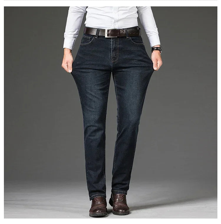 Tamanhos Grandes 40 42 44 46 2025 Nova Calça Casual Social Elástica Calça Jeans Azul Clássico Masculina Calça Jeans Solta Reta Masculina