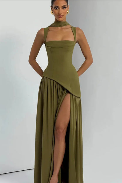 Summer Elegant Olive Green Maxi Dress for Women Flowy Long Dress with Scarf Birthday Party Beach Graduation dress