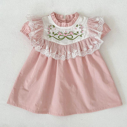 2026 New Summer Sister Clothing Short Sleeved Cotton Embroidery Kids Princess Dress 2-6Y Baby Girl Birthday Party Lace Dress