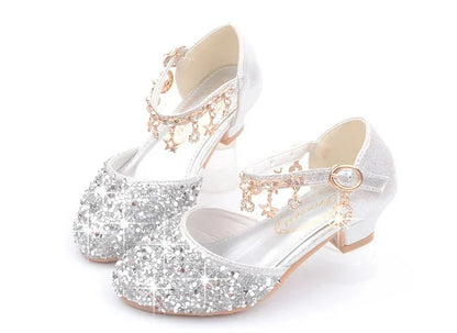 Fashion Kid Leather Shoe 2023 Summer Sequin Princess Shoe Crystal High Heel Sandals Kid Shoes Girl Dresses Mary Jane Girl Shoes