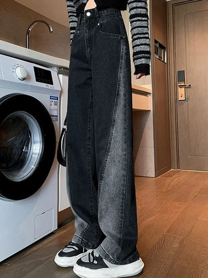 Calça Feminina Cintura Alta Jeans High Street Patchwork Reta