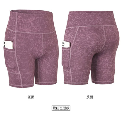 Women's printed nude yoga shorts with pockets skin-friendly tight stretch quick-drying sports fitness hiking running shorts