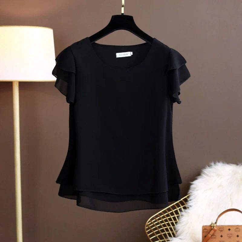 Fashion Brand Summer Oversized Loose and Thin Casual Blouse Top Short Sleeve Chiffon Top White Blouse Green Women’s Tops M-6XL