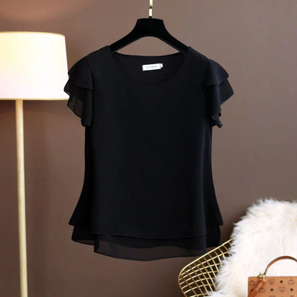 Fashion Brand Summer Oversized Loose and Thin Casual Blouse Top Short Sleeve Chiffon Top White Blouse Green Women’s Tops M-6XL