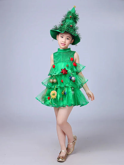 2 4 6 8 10 Yrs Fancy Christmas Tree Dress for Little Girls Xmas Party New Year Frock Kids Santa Claus Lovely Pinetree Ball Gown