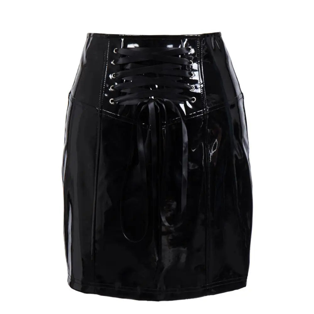 Black Skirts for Women Latex PVC Leather Pencil Mini Skirt Lace Up Zip Shiny Bodycon Skirts Sexy Club Y2k Clothes