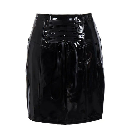 Black Skirts for Women Latex PVC Leather Pencil Mini Skirt Lace Up Zip Shiny Bodycon Skirts Sexy Club Y2k Clothes