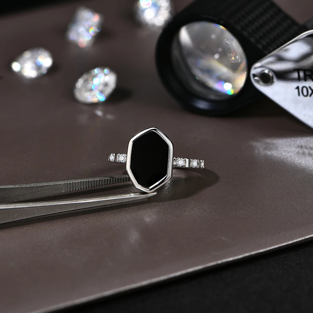 Hexagon Black Onyx Rings for Women Men Moissanite Side Edge S925 Silver 18K White Gold Plated Party Daily Jewelry Gifts