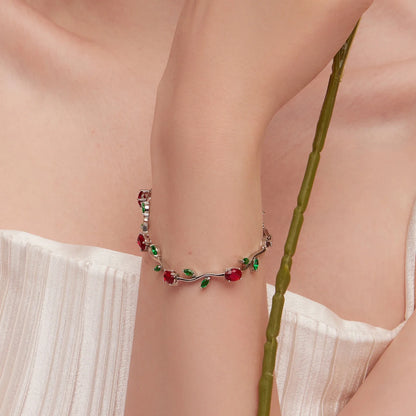 Rose Gold Color Leaf Chain & Link Bracelet with Red + Green AAA Zircon for Mother Gifts Jewelry JIB072