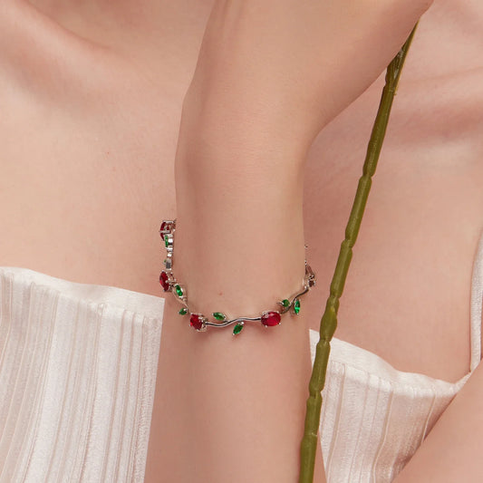 Rose Gold Color Leaf Chain & Link Bracelet with Red + Green AAA Zircon for Mother Gifts Jewelry JIB072