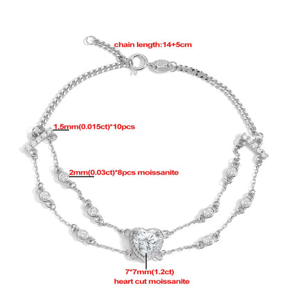 Certified 1.2carat Heart Moissanite Diamond Charm Bracelet with Round Bubble S925 Silver Wrist Chain for Women Fine Jewelry Gift