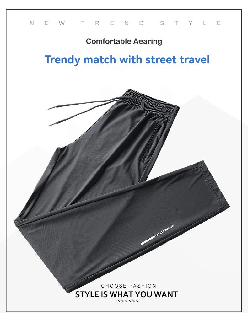 Ice Silk Long Pants for Men's Summer Quick Drying Loose Straight Leg Pants Elasticity Sports Leggings Casual Pants Men's Pants