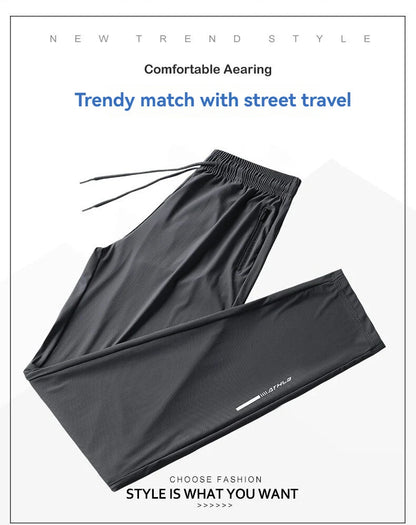 Ice Silk Long Pants for Men's Summer Quick Drying Loose Straight Leg Pants Elasticity Sports Leggings Casual Pants Men's Pants