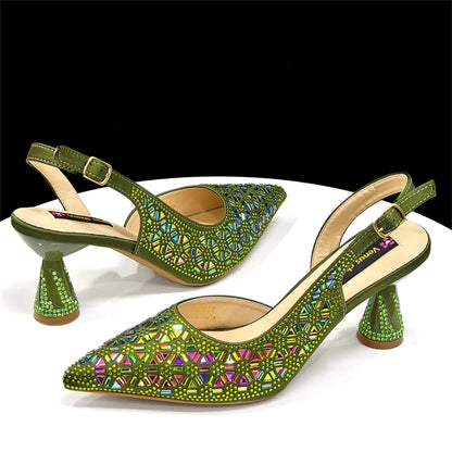 Elegant Black and Gold Pointed-Toe Italian Women's High-Heeled Shoe and Bag Set with Full Diamond Accents